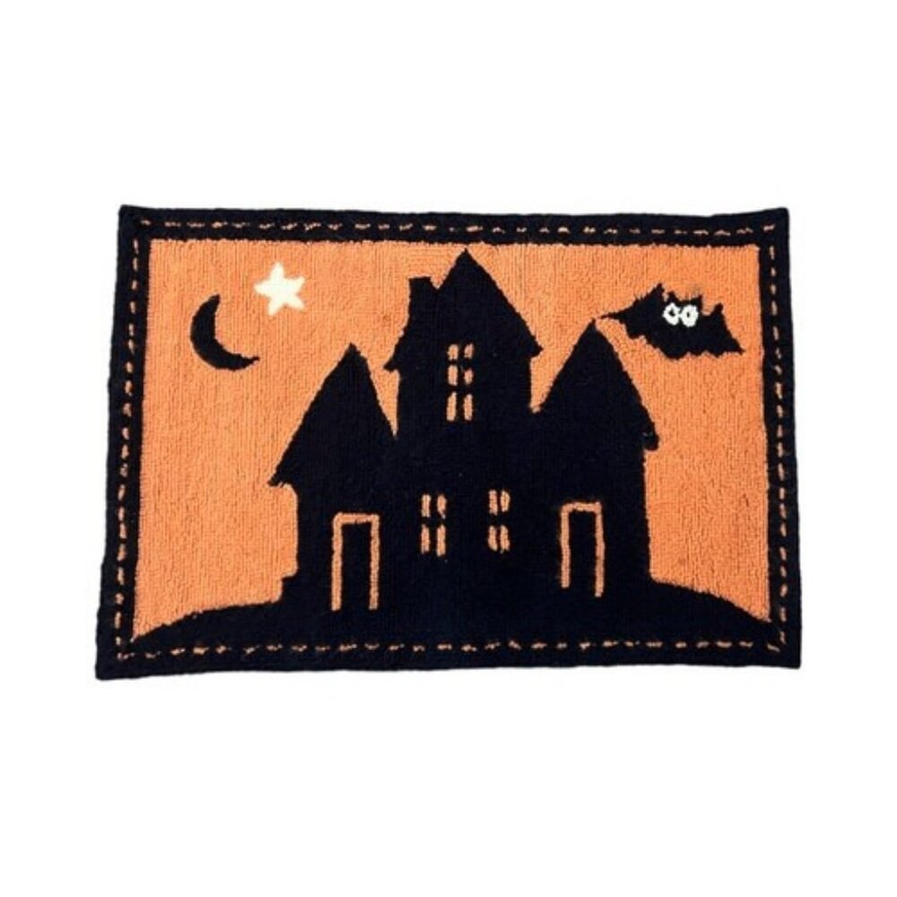 Pottery Barn Kids Orange Black Halloween Spooky Haunted House Rug Bats 36”x24”